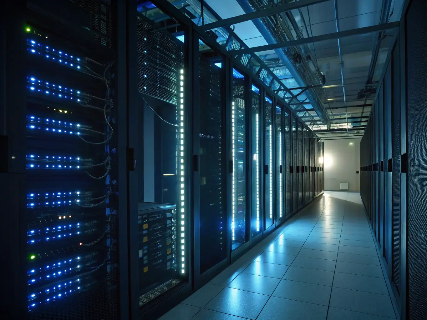 A server room with blinking lights and complex network cables, symbolizing the infrastructure and data management aspects of backend development. The image should evoke a sense of power and reliability.