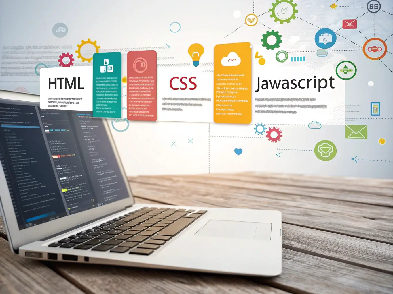 A clean, modern webpage design showcasing HTML, CSS, and JavaScript code snippets, representing the core technologies of frontend development. The image should convey clarity and structure.