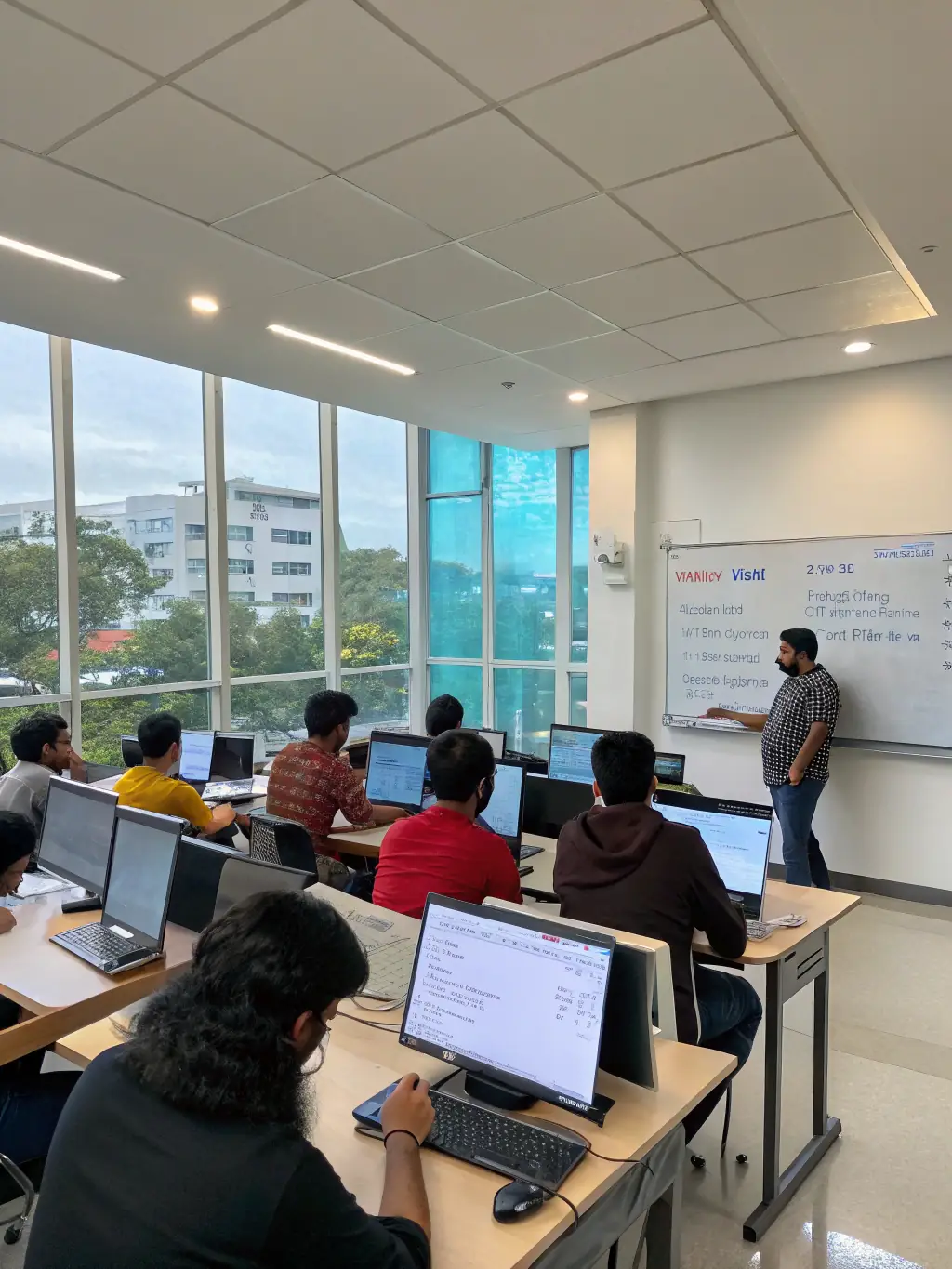 A classroom scene with students coding on laptops, instructor guiding a project on a whiteboard, showcasing the Full-Stack Development Course at WebAcademy.