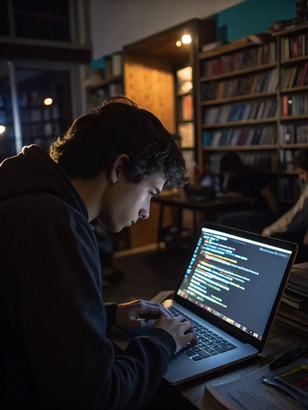 A student intently focused on their laptop screen, coding in a modern, well-lit classroom at WebAcademy, surrounded by other students and instructors.